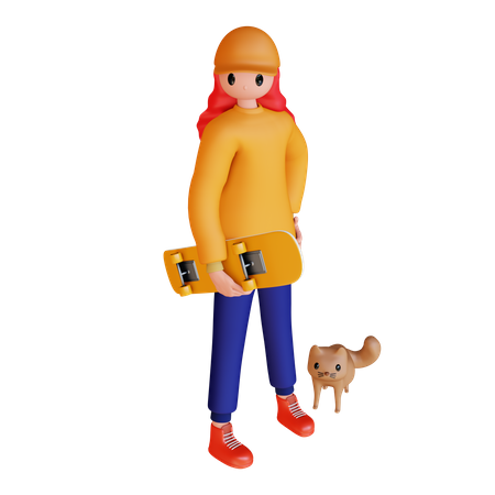 Girl Holding Skateboard 3D Icon