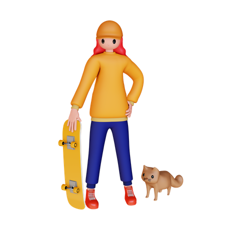 Girl Holding Skateboard 3D Icon