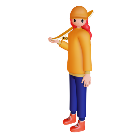 Girl Holding Skateboard  3D Illustration