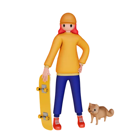 Girl Holding Skateboard  3D Illustration