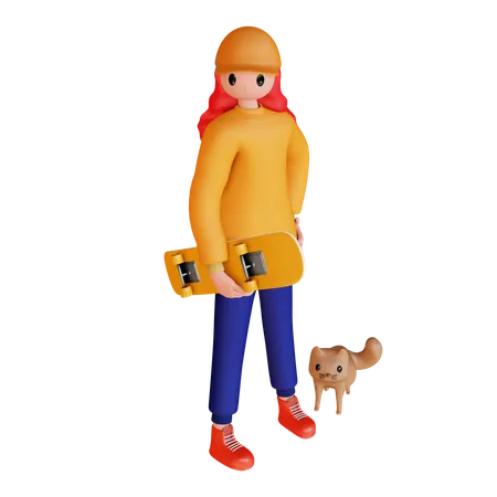 Girl Holding Skateboard  3D Illustration