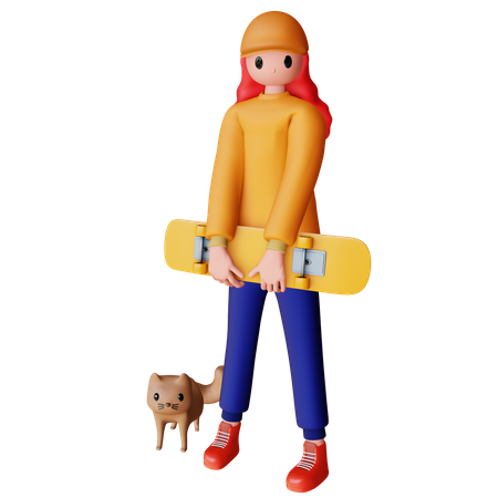 Girl Holding Skateboard 3D Illustration