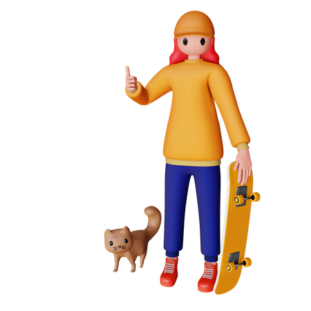 Girl Holding Skateboard with pet  3D Illustration