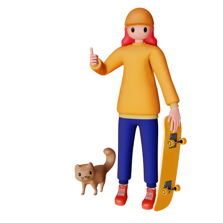 Girl Holding Skateboard with pet  3D Illustration