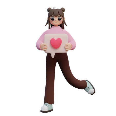 Girl Holding Speech Bubble With Heart  3D Illustration