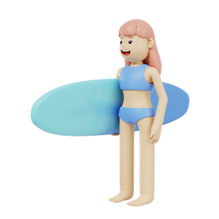 Girl Holding Surfboard  3D Illustration