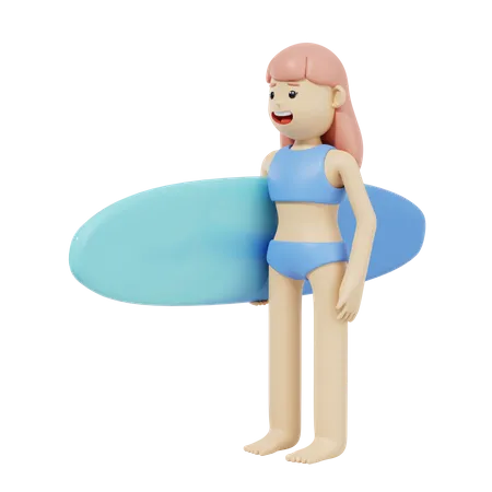 Girl Holding Surfboard  3D Illustration