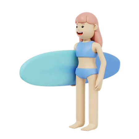 Girl Holding Surfboard 3D Illustration