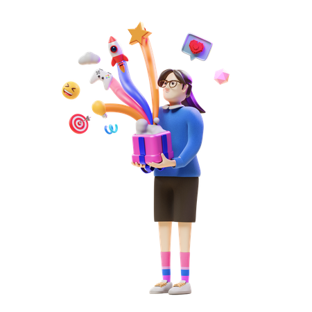 Girl Holding Surprise Box  3D Icon