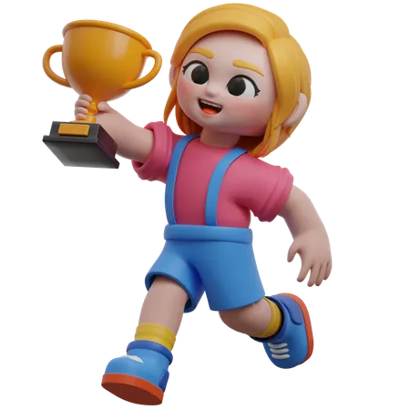 Girl Holding Trophy  3D Illustration