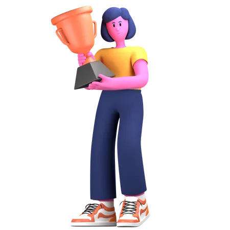 Girl holding trophy  3D Illustration