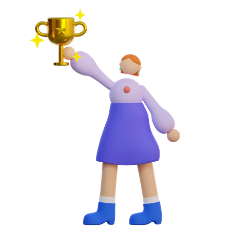 Girl Holding Trophy For Empty 3D Illustration