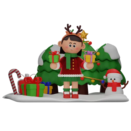 Girl Holding Two Gifts  3D Illustration