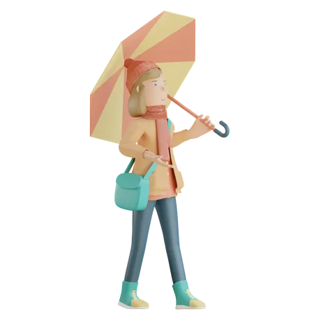 Girl Walking Around Using Umbrella 3D Illustration