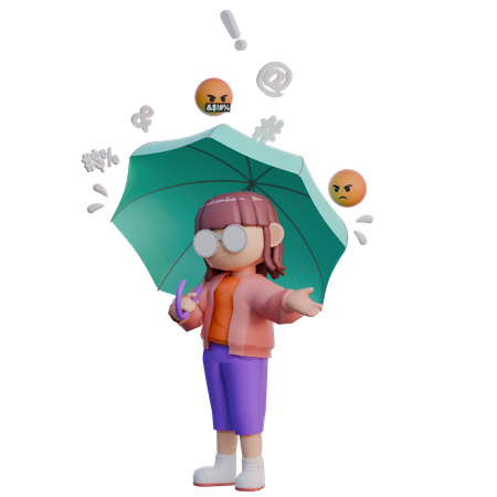 Girl Holding Umbrella In Rain  3D Illustration