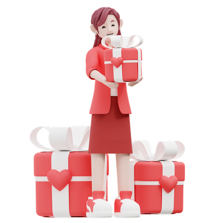 Girl Holding Valentine Gift  3D Illustration