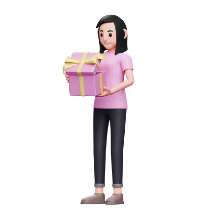 Exited Girl Opening A Special Gift For Valentines Day Girl Celebrating Valentines Day 3 D Illustration 3D Illustration