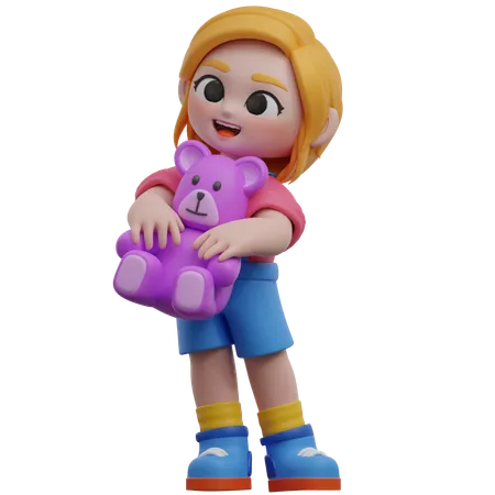 Girl Hugging Teddy Bear  3D Illustration