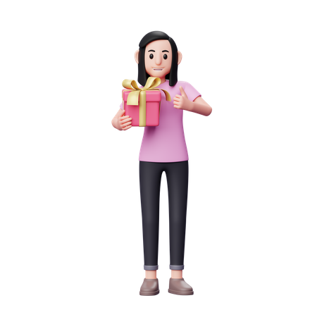 Girl hugging valentine gift and giving thumbs up  3D Illustration