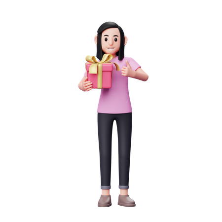 Girl hugging valentine gift and giving thumbs up 3D Illustration