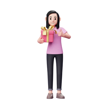 Girl hugging valentine gift and giving thumbs up  3D Illustration