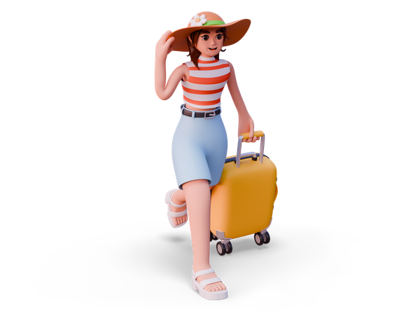 帽子をかぶった少女がスーツケースを持って駆けつける  3D Icon