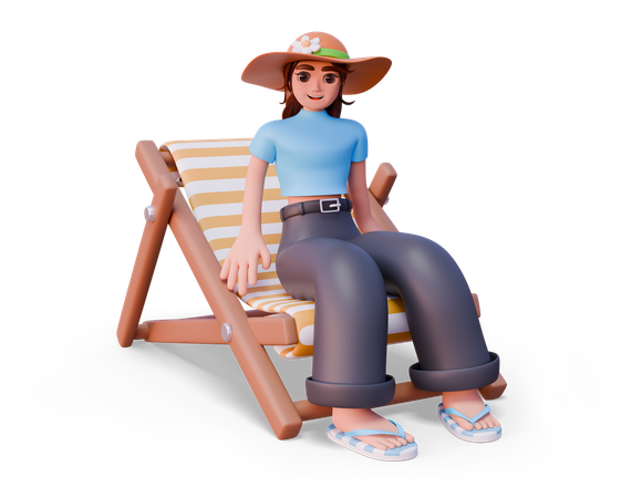 ビーチチェアに座っている帽子をかぶった女の子  3D Icon