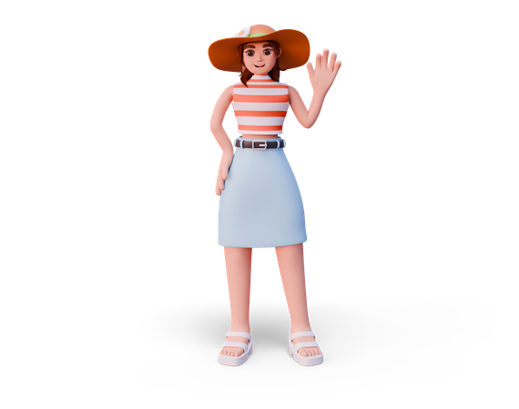 Girl In Hat Waving Hand  3D Illustration