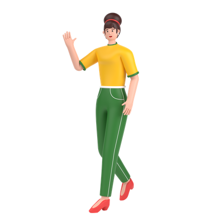 Girl in walking pose and doing waving hand say hello  3D Icon