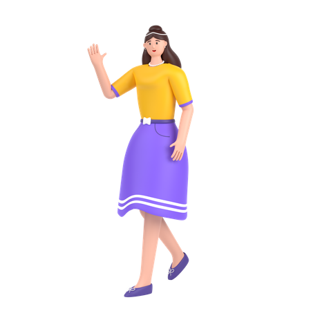 Girl in walking pose and doing waving hand say hello  3D Icon