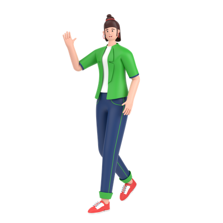 Girl in walking pose and doing waving hand say hello  3D Icon