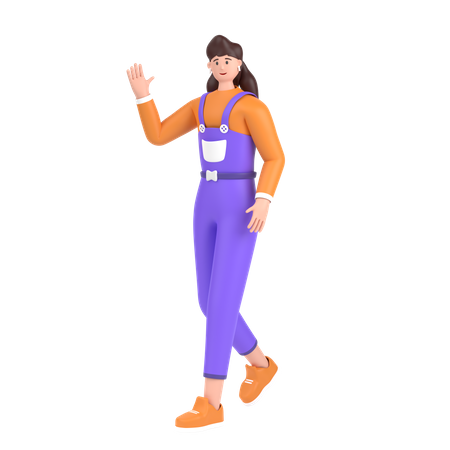 Girl in walking pose and doing waving hand say hello  3D Illustration