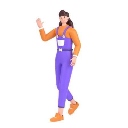 Girl in walking pose and doing waving hand say hello 3D Illustration