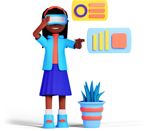 Girl Is Analyzing Business Graphs Using Vr Glasses  3D Illustration