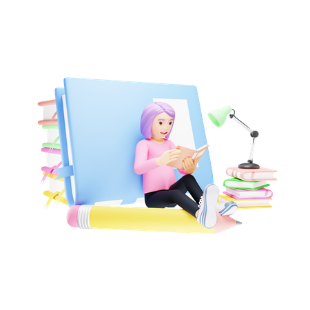 Girl is engaged in book reading  3D Illustration