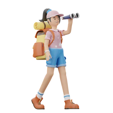 Girl Is Finding Way Through Binoculars  3D Illustration