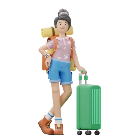 Girl Is Holding A Suitcase  3D Illustration