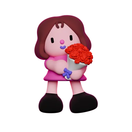 Girl is holding rose bouquet  3D Illustration