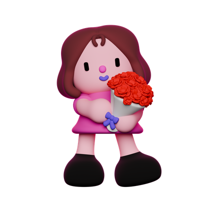 Girl is holding rose bouquet  3D Illustration