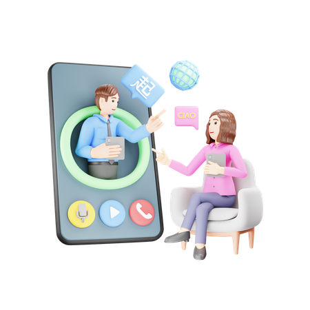 Girl is learning foreign language using mobile app  3D Icon