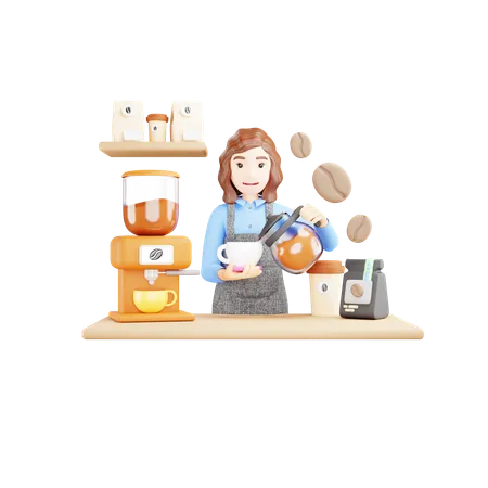 Girl is pouring coffee into cup  3D Illustration