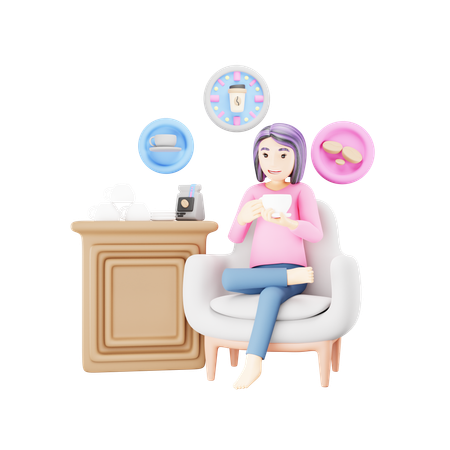Girl is sitting on sofa and drinking coffee  3D Illustration