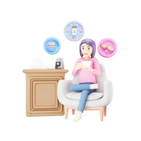 Girl is sitting on sofa and drinking coffee  3D Illustration