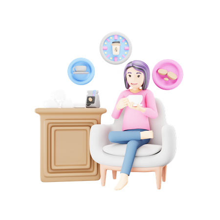 Girl is sitting on sofa and drinking coffee  3D Illustration