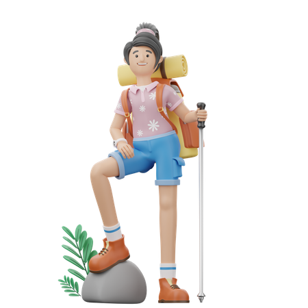 Girl Is Standing While Holding A Stick  3D Illustration