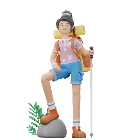 Girl Is Standing While Holding A Stick  3D Illustration