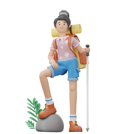 Girl Is Standing While Holding A Stick  3D Illustration