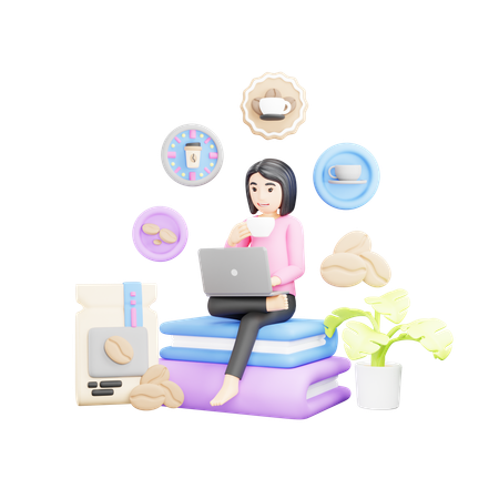 Girl is using laptop and drinking coffee  3D Illustration