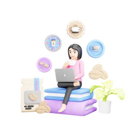 Girl is using laptop and drinking coffee  3D Icon