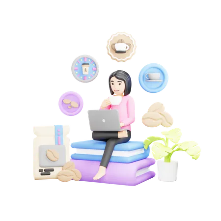 Girl is using laptop and drinking coffee  3D Illustration